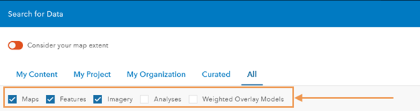 Search for Data dialog box check box filters Search for Data dialog box check box filters