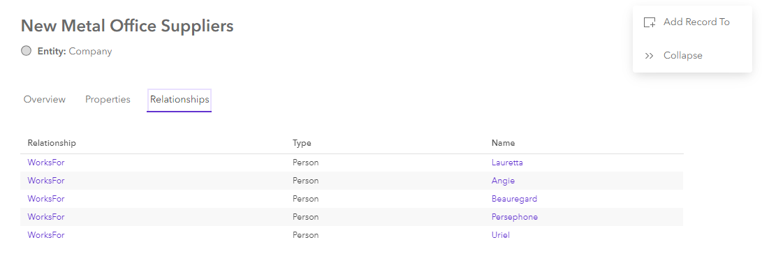 The relationships tab for a selected entity in the Knowledge Graph View The relationships tab for a selected entity in the Knowledge Graph View