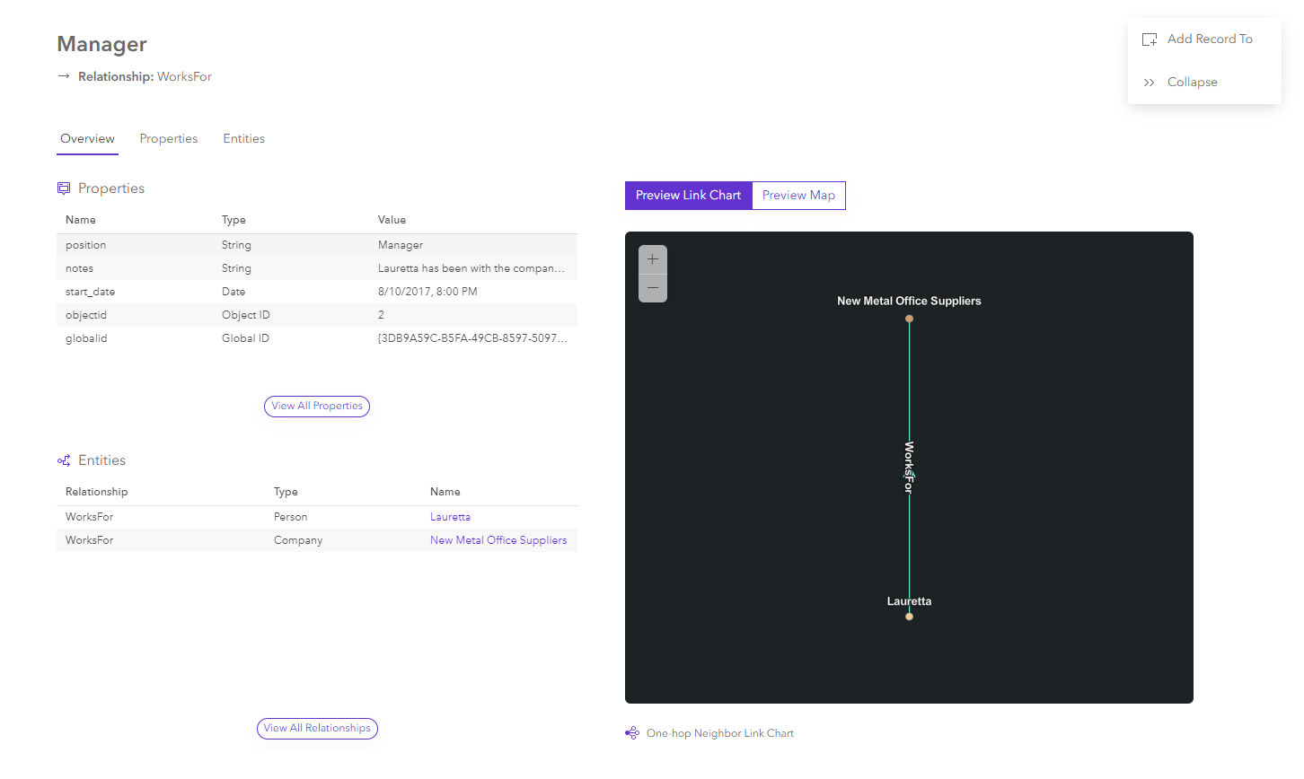 Overview of a relationship entity card Overview of a relationship entity card