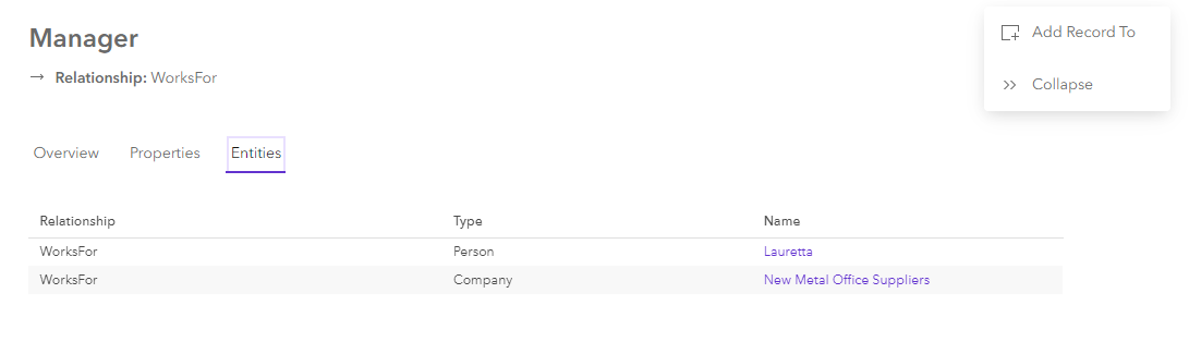 Entities tab for a selected relationship in the knowledge graph view Entities tab for a selected relationship in the knowledge graph view
