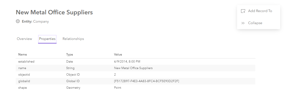 The properties tab for a selected entity in the knowledge graph view The properties tab for a selected entity in the knowledge graph view